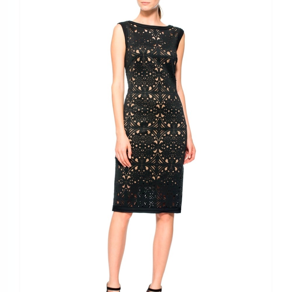 Tadashi Shoji Elegant Laser-Cut Neoprene Geometric Floral Sheath Midi Dress